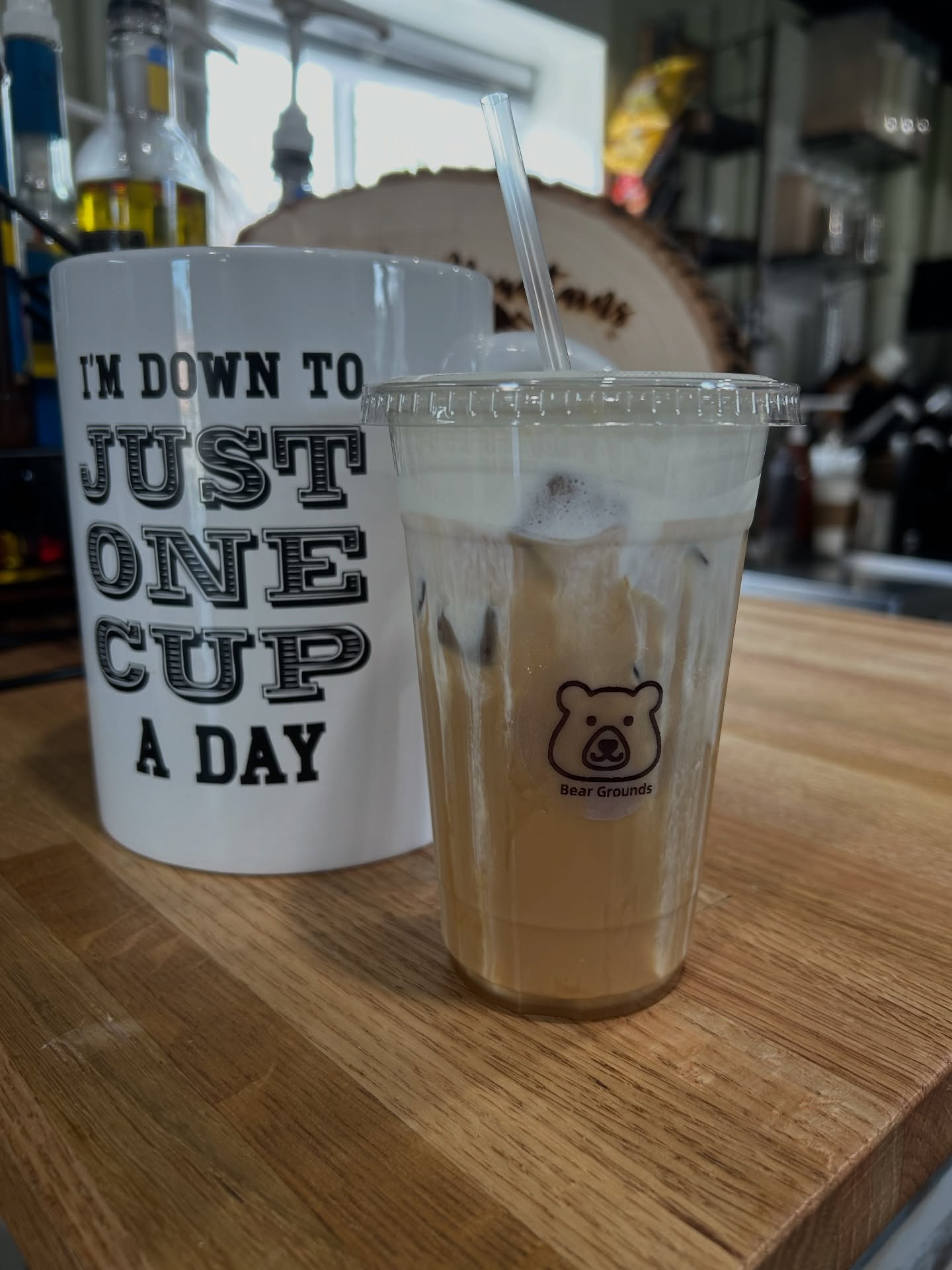 Iced latte at the Bear Grounds Coffee counter