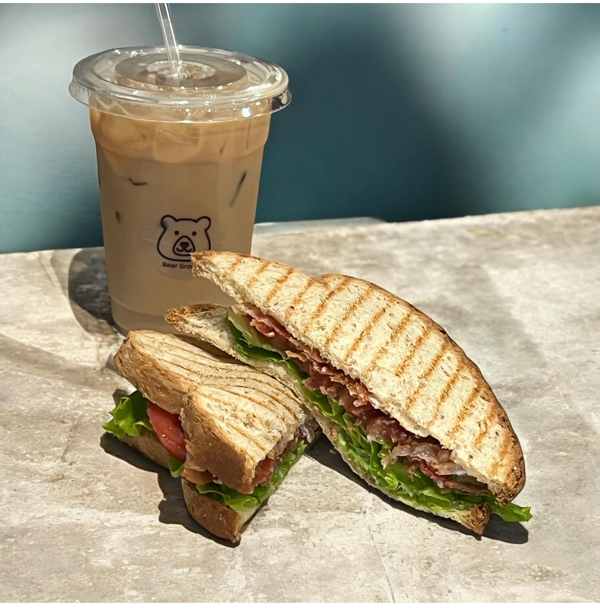 Panini and iced coffee from Bear Grounds Coffee